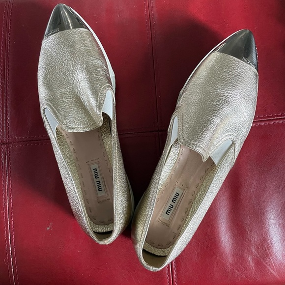 Miu Miu Shoes - Miu Miu Metallic Gold Slip-On Loafers with Black Patent Toe